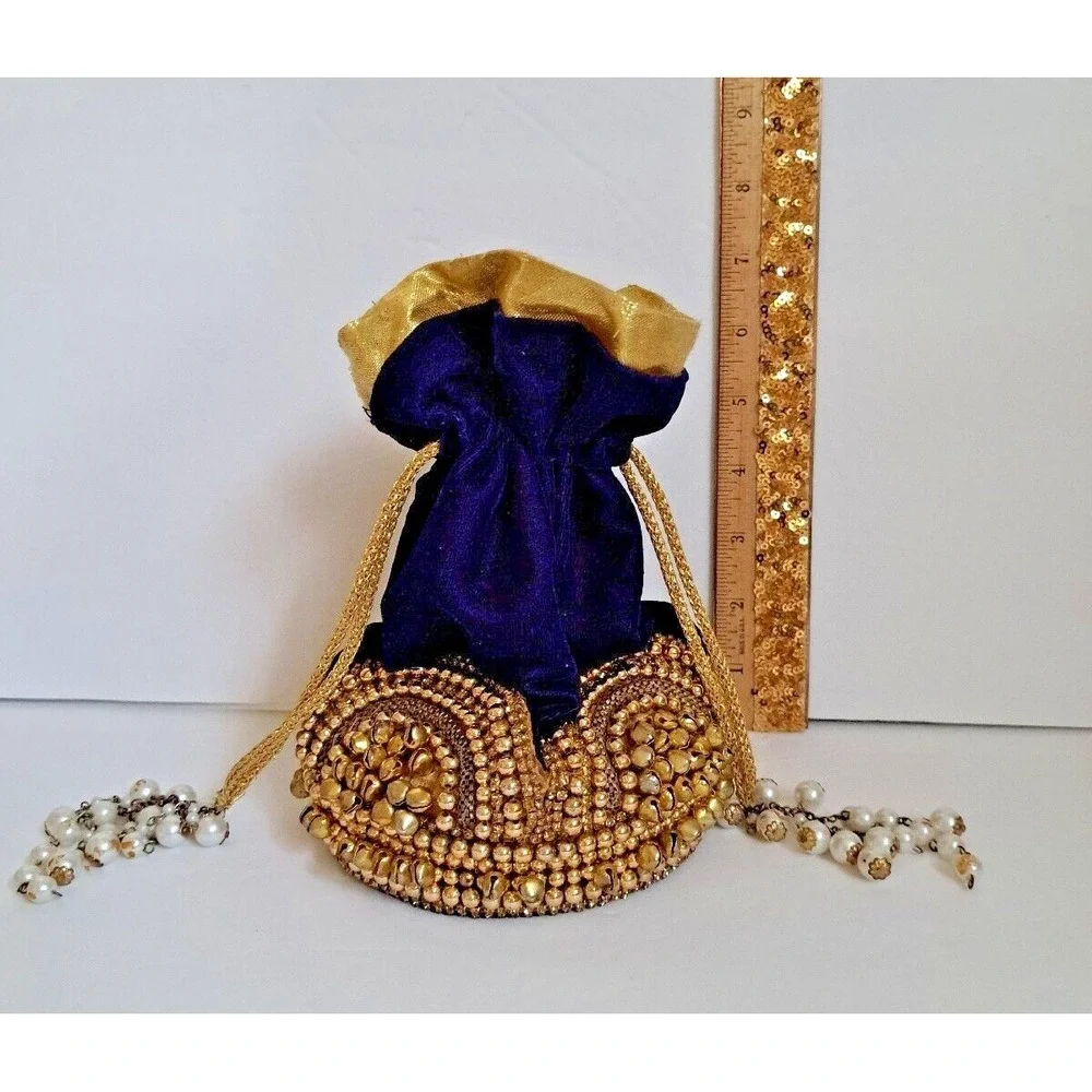 Royal Blue Velvet Potli Bag Gold Beadwork Pearl Handle Ethnic Wedding Clutch